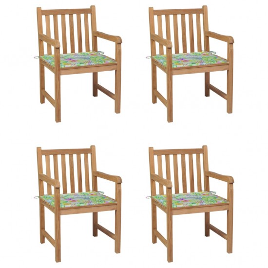 Sodo kėdės su lapų raštų pagalvėlėmis, 4vnt., tikmedžio masyvas