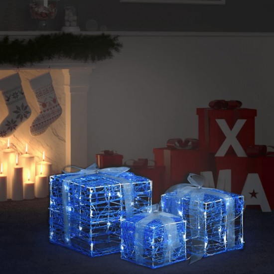 Kalėdų dekoracija dovanų dėžutės, 3vnt., šaltos baltos, akrilas