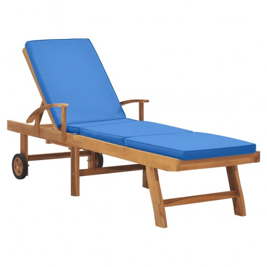 Saulės gultas su čiužiniu, mėlynas, tikmedžio medienos masyvas