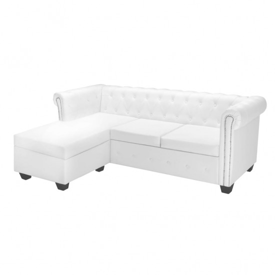 L-formos Chesterfield sofa, dirbtinė oda, balta