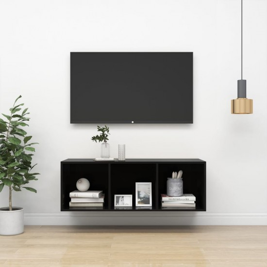 Sieninė TV spintelė, blizgi juoda, 37x37x107cm, MDP