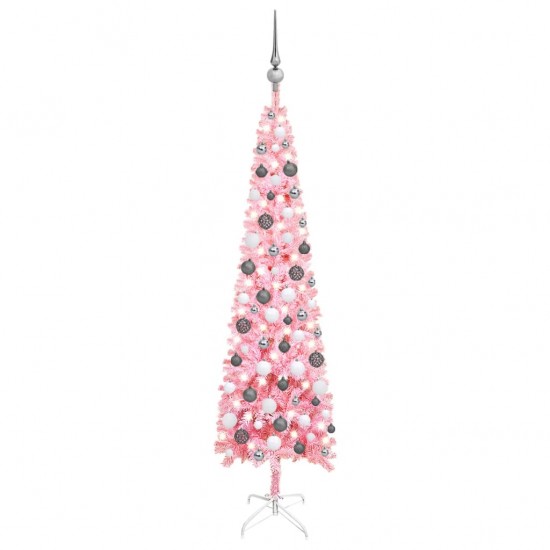 Siaura Kalėdų eglutė su LED ir žaisliukais, rožinė, 150cm