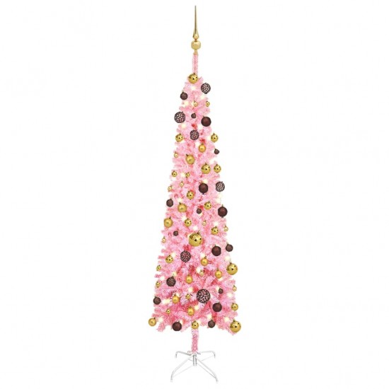 Siaura Kalėdų eglutė su LED/žaisliukais, rožinė, 180cm