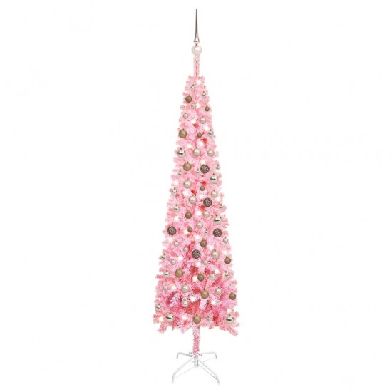 Siaura Kalėdų eglutė su LED ir žaisliukais, rožinė, 210cm
