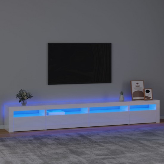 TV spintelė su LED apšvietimu, balta, 270x35x40cm, blizgi