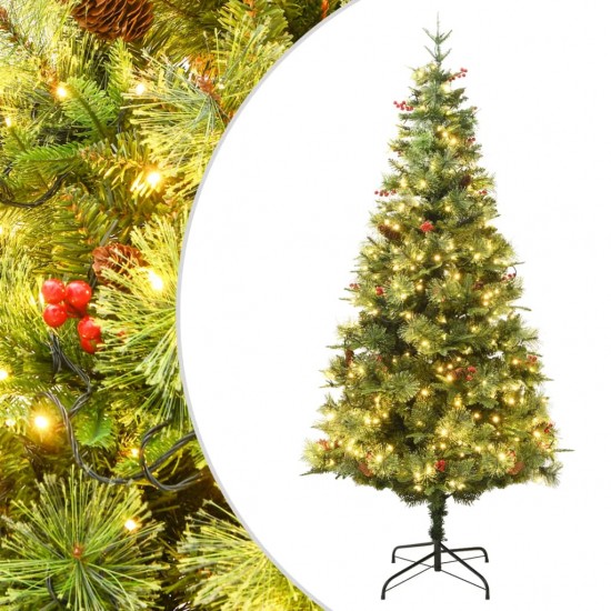 Kalėdų eglutė su LED/kankorėžiais, žalia, 195cm, PVC ir PE