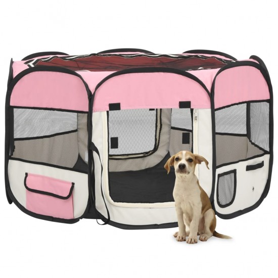Sulankstomas aptvaras šunims su krepšiu, rožinis, 110x110x58cm