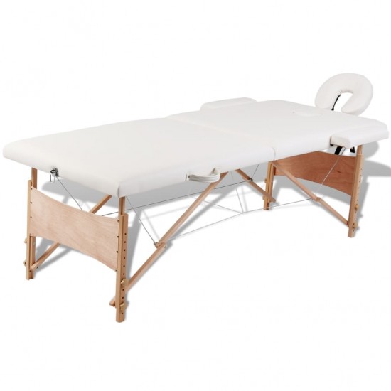 Sulankstomas masažo stalas, kreminis, 2 zonų, su mediniu rėmu