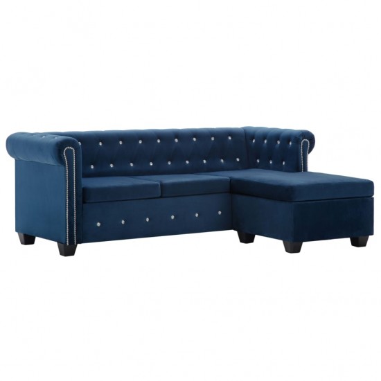 L form. Chesterfield sofa, aksom. apmuš., 199x142x72cm, mėlyna