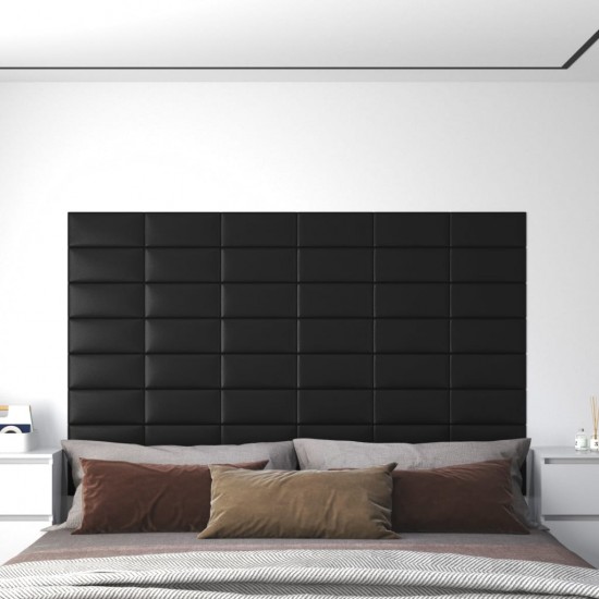 Sienų plokštės, 12vnt., juodos, 30x15cm, dirbtinė oda, 0,54m²