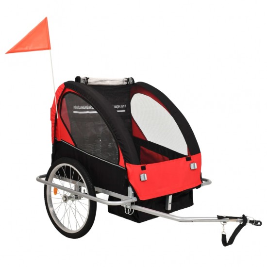 2-1 vaikiškas dviratis-priekaba ir vežimėlis, juoda ir raudona