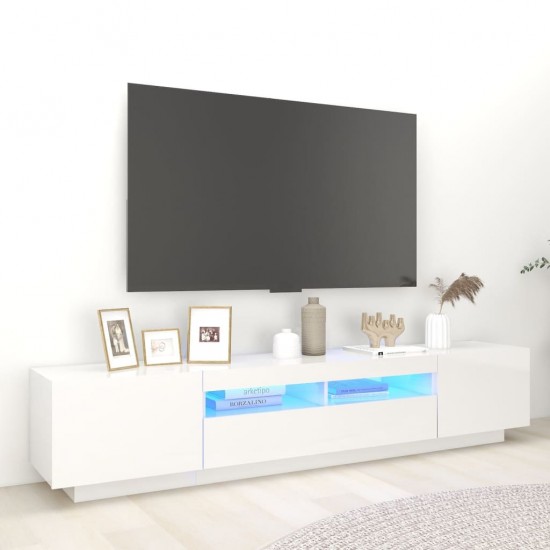 TV spintelė su LED apšvietimu, balta, 200x35x40cm, blizgi