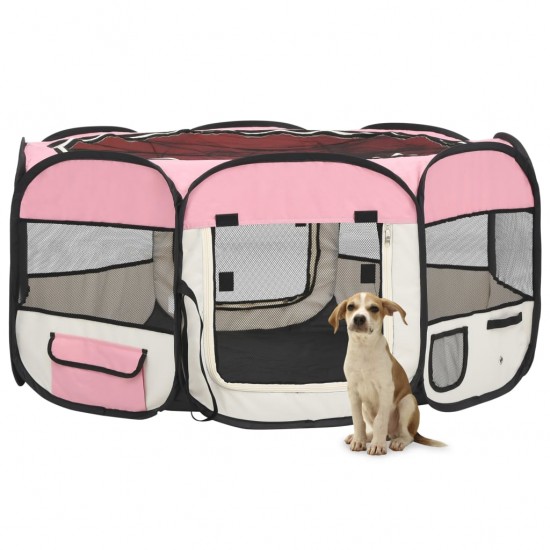 Sulankstomas aptvaras šunims su krepšiu, rožinis, 145x145x61cm