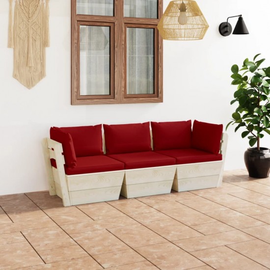 Trivietė sodo sofa iš palečių su pagalvėlėmis, eglės mediena