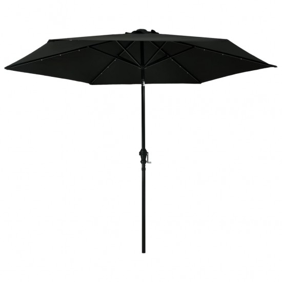 Lauko skėtis su LED lempomis ir plieniniu stulpu, juodas, 300cm