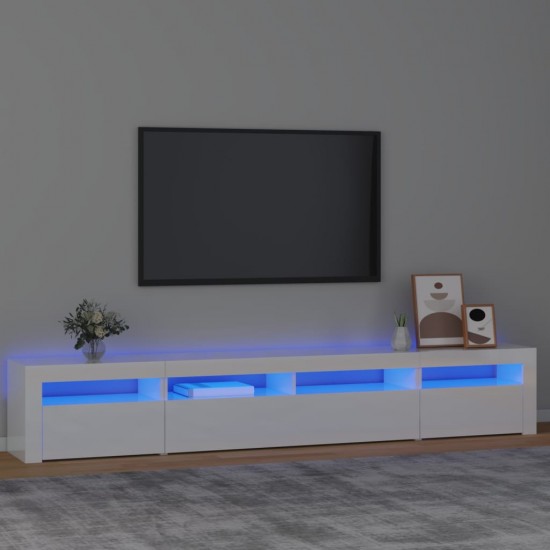 TV spintelė su LED apšvietimu, balta, 240x35x40cm, blizgi