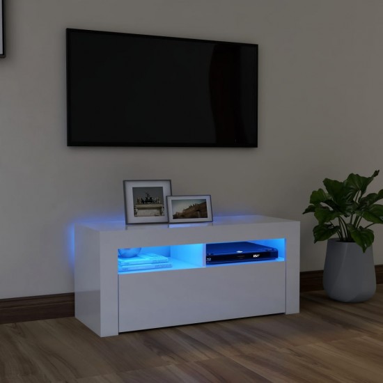 TV spintelė su LED apšvietimu, balta, 90x35x40cm, blizgi
