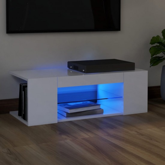 TV spintelė su LED apšvietimu, blizgi balta, 90x39x30cm