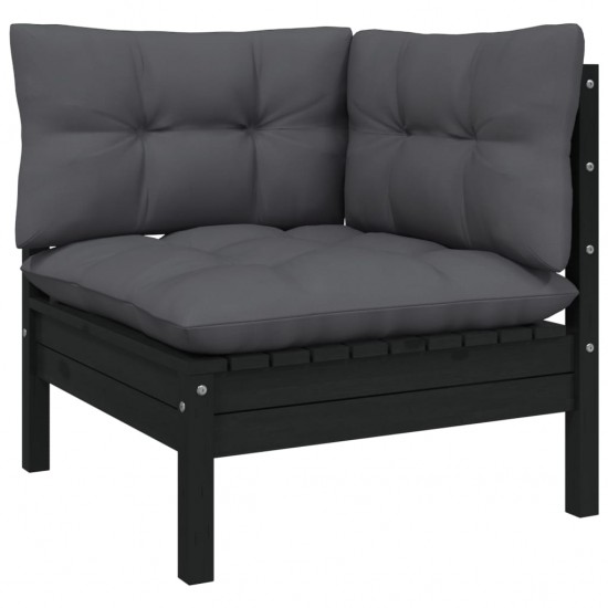 Kampinė sodo sofa su pagalvėlėmis, juoda, pušies masyvas