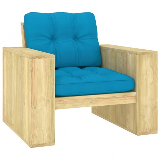 Sodo kėdė su mėlynomis pagalvėlėmis, impregnuota pušies mediena