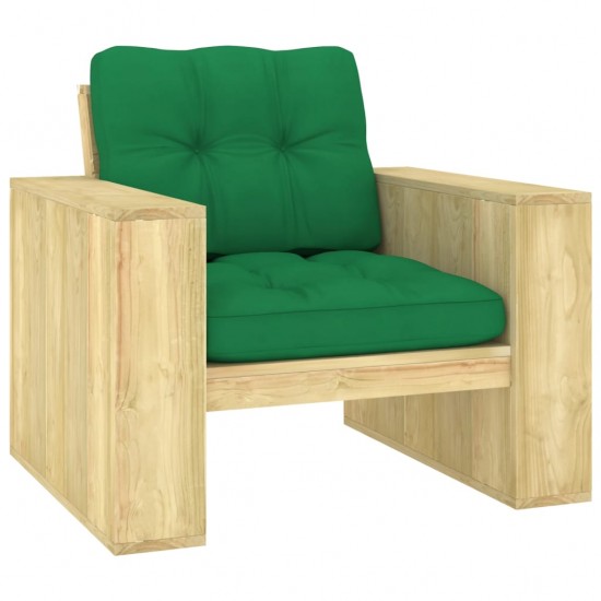 Sodo kėdė su žaliomis pagalvėmis, impregnuota pušies mediena
