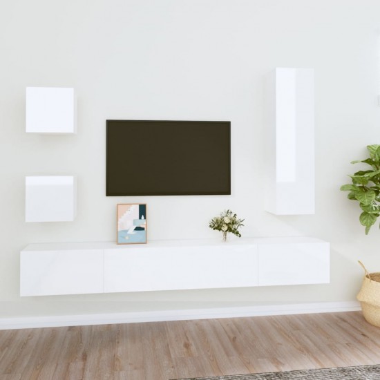 TV spintelių komplektas, 5 dalių, baltas, mediena, blizgus