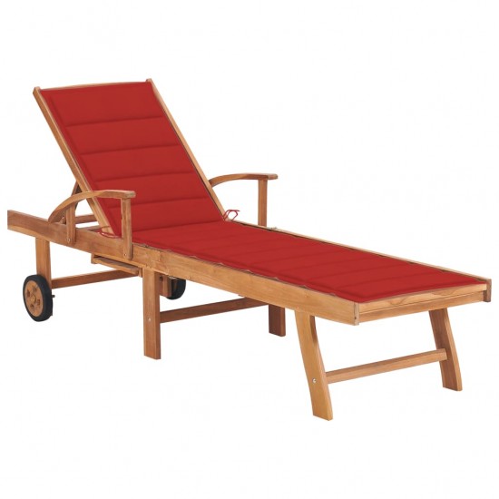 Saulės gultas su raudonu čiužiniu, tikmedžio medienos masyvas