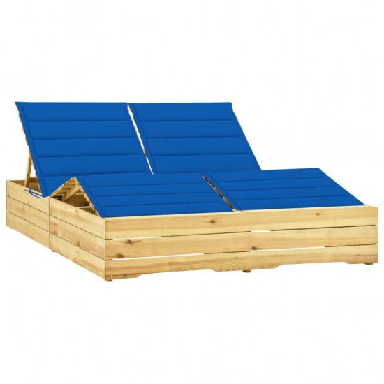 Dvivietis saulės gultas su mėlynais čiužinukais, pušies mediena