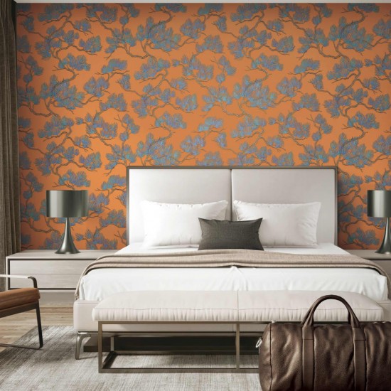 DUTCH WALLCOVERINGS Tapetai, mėlynos ir oranžinės spalvos, su pušimis