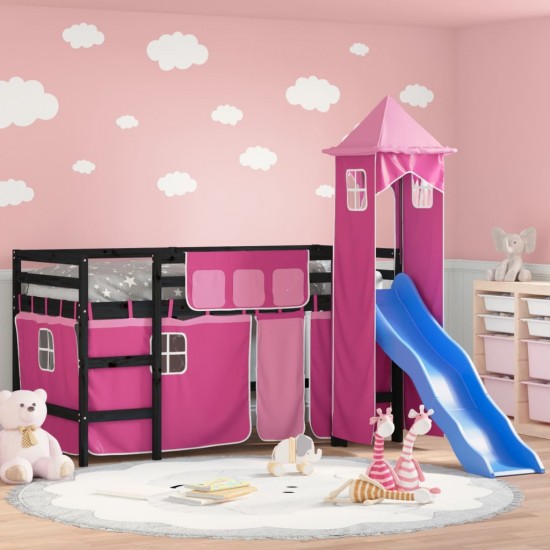 Aukšta vaikiška lova su bokštu, rožinė, 80x200cm, pušis