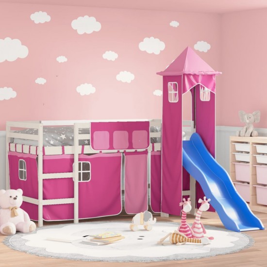 Aukšta vaikiška lova su bokštu, rožinė, 80x200cm, pušis