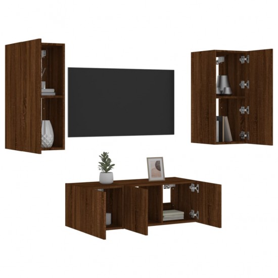 Sieninė TV sekcija su LED, 4 dalių, ruda ąžuolo, mediena