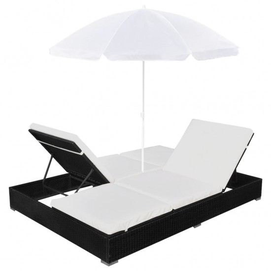 Lauko saulės gultas su skėčiu, poliratanas, juodas