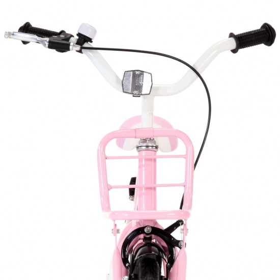 Vaikiškas dviratis su priekine bagažine, baltas ir rožinis