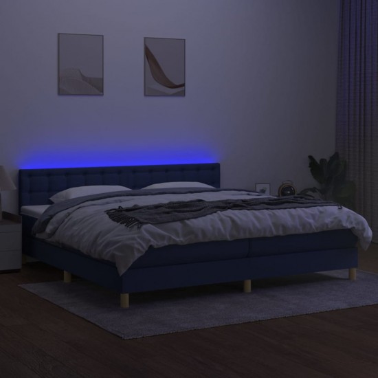 Lova su spyruoklėmis/čiužiniu/LED, mėlyna, 200x200 cm, audinys