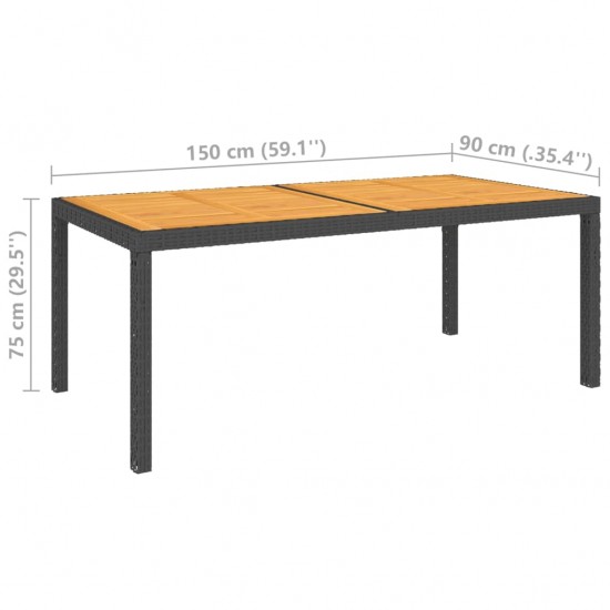 Sodo stalas, juodas, 150x90x75cm, poliratanas ir akacija