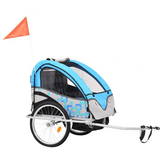 2-1 vaikiškas dviratis-priekaba ir vežimėlis, mėlyna ir pilka