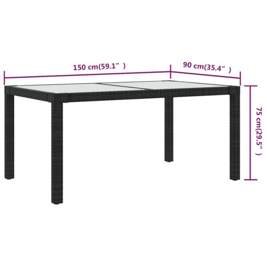 Sodo stalas, juodas, 150x90x75cm, grūdintas stiklas/poliratanas