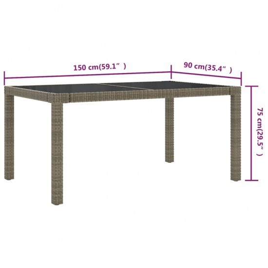 Sodo stalas, pilkas, 150x90x75cm, grūdintas stiklas/poliratanas