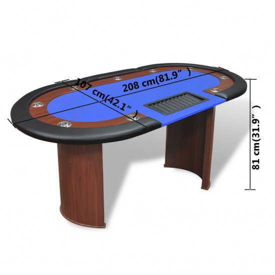 10 žaid. pokerio stalas su dalint. vieta ir žetonų dėže, mėlyn.