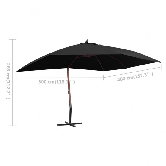 Kabantis skėtis nuo saulės su mediniu stulpu, juodas, 400x300cm