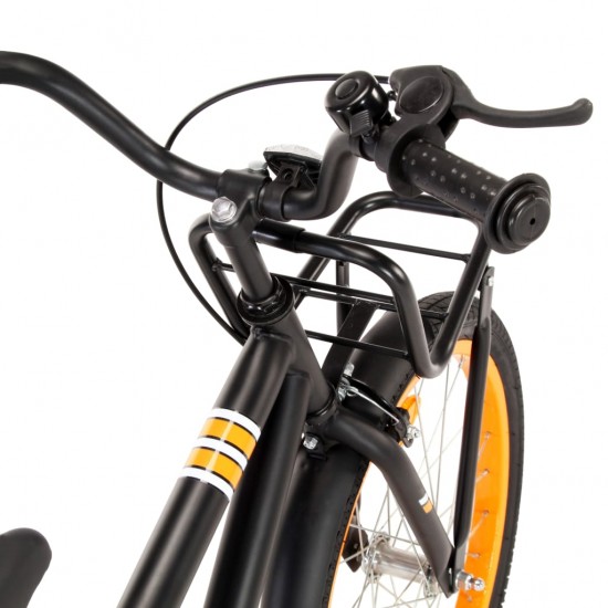 Vaikiškas dviratis su priekine bagažine, juodas ir oranžinis