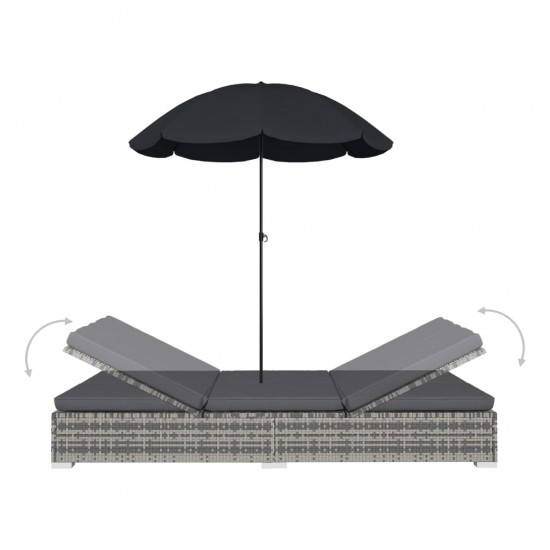Lauko poilsio gultas su skėčiu, pilkos spalvos, poliratanas