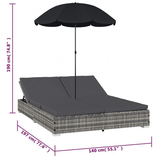 Lauko poilsio gultas su skėčiu, pilkos spalvos, poliratanas