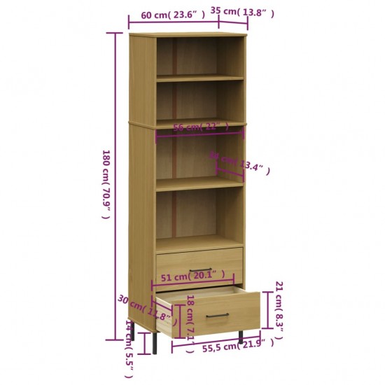 Knygų spinta su 2 stalčiais, ruda, 60x35x180cm, mediena, OSLO