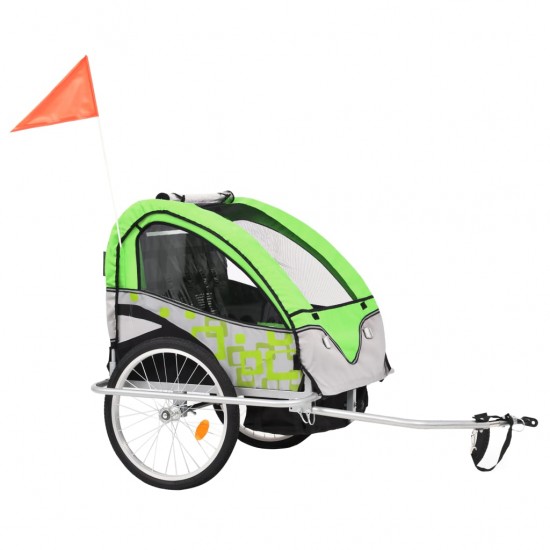 2-1 Vaikiškas dviratis-priekaba ir vežimėlis, žalia ir pilka