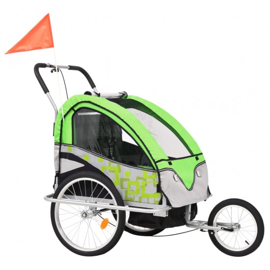 2-1 Vaikiškas dviratis-priekaba ir vežimėlis, žalia ir pilka