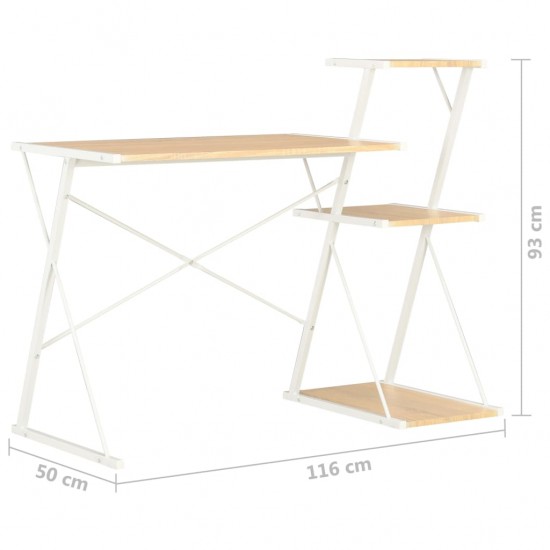Rašomasis stalas su lentyna, baltas ir ąžuolo, 116x50x93cm