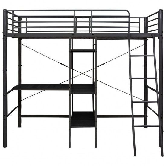 Dviaukštė lova su stalu, juodos spalvos, 90x200cm, metalas