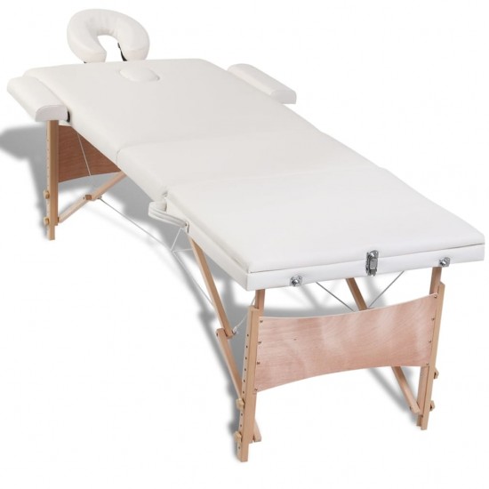 Sulankstomas masažo stalas, kreminis, 3 zonų, su mediniu rėmu